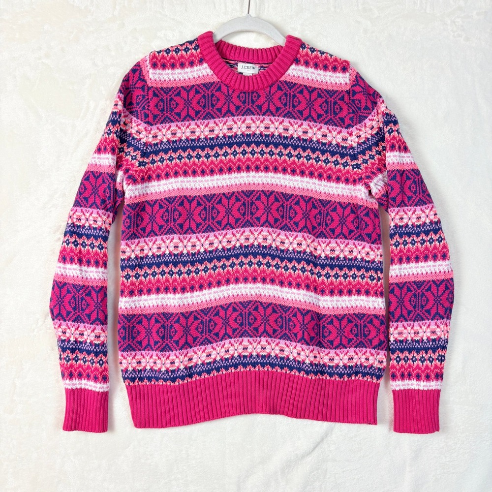 J.Crew Sweater‎ Women Sz Med Fair Isle Crewneck Pink Purple White Cotton Blend